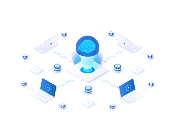 Künstliche Intelligenz oder neuronales Netzwerkkonzept in der isometrischen Vektorillustration. Neuronetz oder KI-Technologie mit Roboter und menschlichen Sinnen.