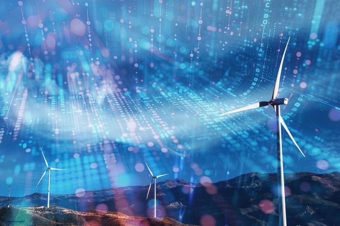 Windräder und futuristisch anmutender Hintergrund symbolisieren EDM-System